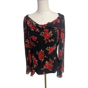 Dark Floral Slit Sleeves Sequined Long Sleeve Cowl Neck Top M Whimsigoth Fairy